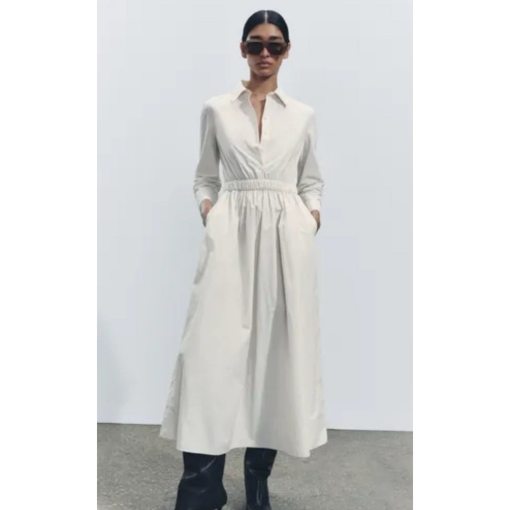 ZARA MIDI SHIRT DRESS Cream Size M & L - Picture 5 of 12